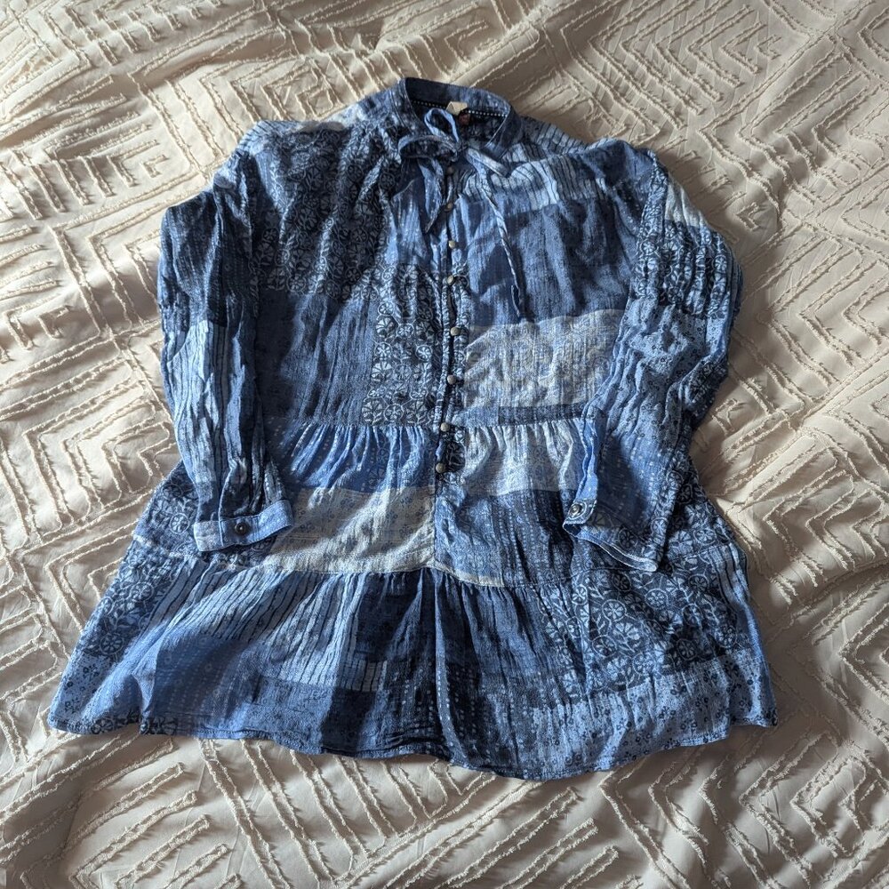 Anthro pilcro xsmall Blue Patchwork Boho Peasant Blouse long sleeve top